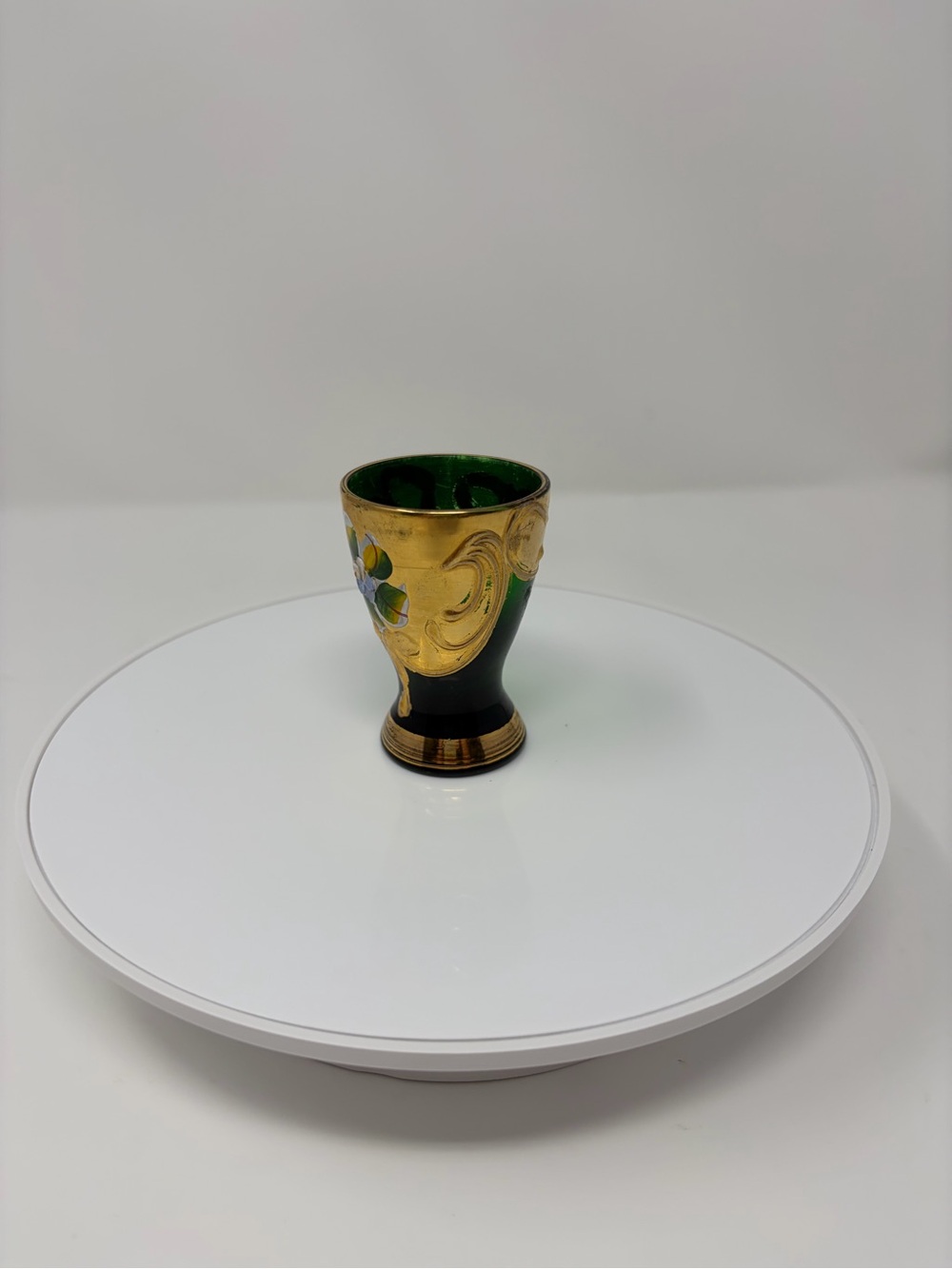 Vintage Bohemian Glass Cordial Emerald Green Gold Painted Small Cup